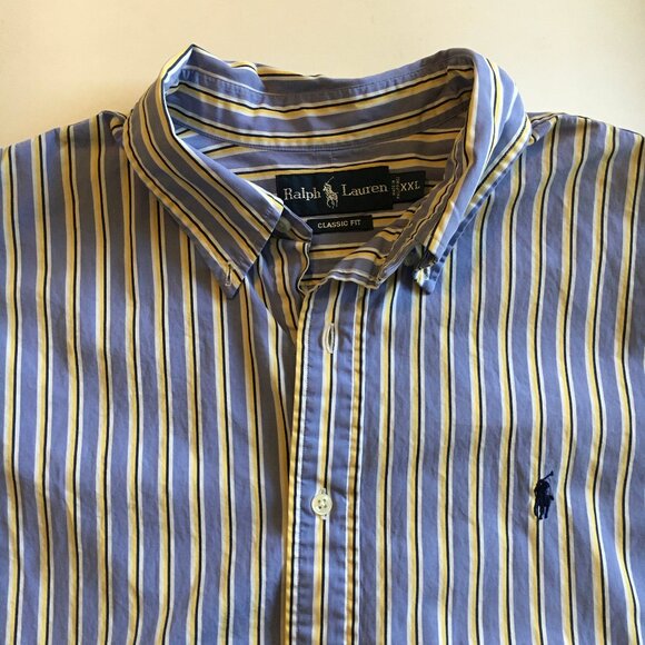 Ralph Lauren Striped Shirt XXL Blue Yellow White Classic Fit Button Down Pony - Picture 2 of 5
